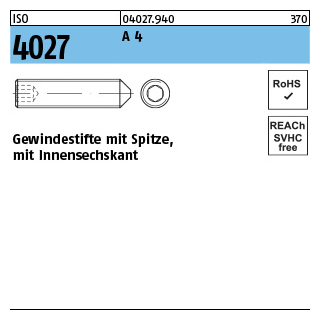 ISO 4027 A 4 Gewindestifte mit Spitze und Innensechskant - Abmessung: M 2,5 x 8, Inhalt: 500 Stück