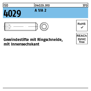 ISO 4029 A 1/A 2 Gewindestifte mit Ringschneide und Innensechskant - Abmessung: M 2 x 2, Inhalt: 500 Stück