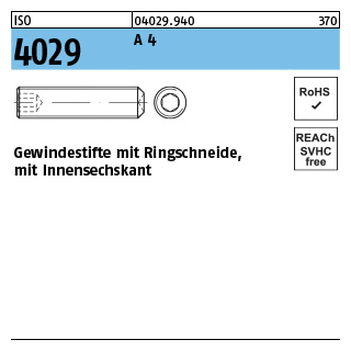 ISO 4029 A 4 Gewindestifte mit Ringschneide und Innensechskant - Abmessung: M 10 x 40, Inhalt: 50 Stück