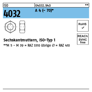 ISO 4032 A 4 - 70 Sechskantmuttern, ISO-Typ 1 - Abmessung: M 4*, Inhalt: 1000 Stück