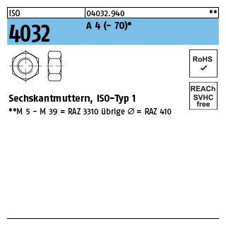 ISO 4032 A 4 - 70 Sechskantmuttern, ISO-Typ 1 - Abmessung: M 5, Inhalt: 1000 Stück