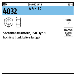 ISO 4032 A 4 - 80 Sechskantmuttern, ISO-Typ 1 - Abmessung: M 6, Inhalt: 200 Stück