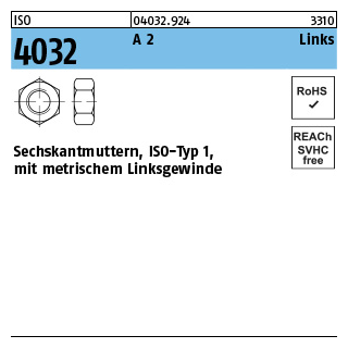 ISO 4032 A 2 Links Sechskantmuttern, ISO-Typ 1, mit metrischem Linksgewinde - Abmessung: M 10, Inhalt: 50 Stück