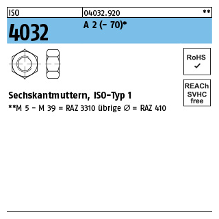 ISO 4032 A 2 - 70 Sechskantmuttern, ISO-Typ 1 - Abmessung: M 12, Inhalt: 250 Stück