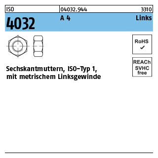ISO 4032 A 4 Links Sechskantmuttern, ISO-Typ 1, mit metrischem Linksgewinde - Abmessung: M 14, Inhalt: 25 Stück