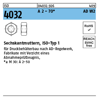 ISO 4032 A 2 - 70 AD W2 Sechskantmuttern - Abmessung: M 16, Inhalt: 50 Stück