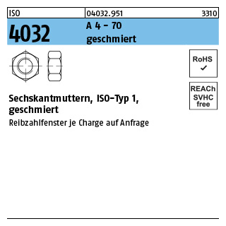 ISO 4032 A 4 - 70 geschmiert Sechskantmuttern, ISO-Typ 1 - Abmessung: M 20, Inhalt: 25 Stück