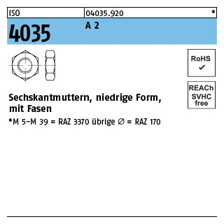 ISO 4035 A 2 Niedrige Sechskantmuttern mit Fasen - Abmessung: M 3, Inhalt: 100 Stück