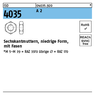 ISO 4035 A 2 Niedrige Sechskantmuttern mit Fasen - Abmessung: M 20, Inhalt: 10 Stück
