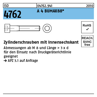 ISO 4762 A 4 BUMAX88 Zylinderschrauben mit Innensechskant - Abmessung: M 3 x 6, Inhalt: 500 Stück