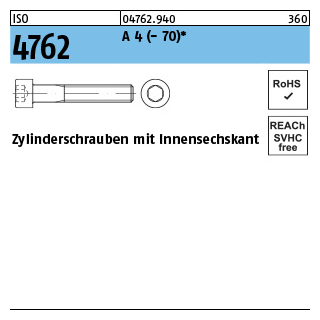 ISO 4762 A 4 - 70 Zylinderschrauben mit Innensechskant - Abmessung: M 5 x 6*, Inhalt: 100 Stück