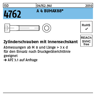 ISO 4762 A 4 BUMAX88 Zylinderschrauben mit Innensechskant - Abmessung: M 5 x 20, Inhalt: 100 Stück