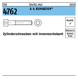 ISO 4762 A 4 BUMAX109 Zylinderschrauben mit Innensechskant - Abmessung: M 6 x 20, Inhalt: 100 Stück