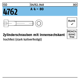 ISO 4762 A 4 - 80 Zylinderschrauben mit Innensechskant, - Abmessung: M 6 x 20, Inhalt: 100 Stück