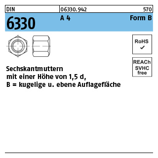 DIN 6330 A 4 Form B Sechskantmuttern m. einer Höhe von 1,5d mit kugeliger und ebener Auflagefläche - Abmessung: BM 8 SW 13, Inhalt: 25 Stück