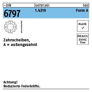 ~DIN 6797 1.4310 Form A Zahnscheiben, außengezahnt - Abmessung: A 6,4, Inhalt: 1000 Stück