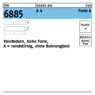 DIN 6885 A 4 Form A Passfedern, hohe Form, rundstirnig ohne Bohrung(en) - Abmessung: A 3 x 3 x 16, Inhalt: 100 Stück