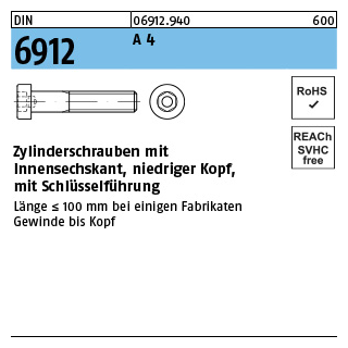 DIN 6912 A 4 Zylinderschrauben mit Innensechskant, niedriger Kopf, mit Schlüsselführung - Abmessung: M 4 x 6, Inhalt: 100 Stück