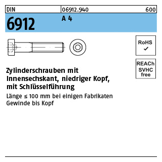 DIN 6912 A 4 Zylinderschrauben mit Innensechskant, niedriger Kopf, mit Schlüsselführung - Abmessung: M 16 x 65, Inhalt: 10 Stück