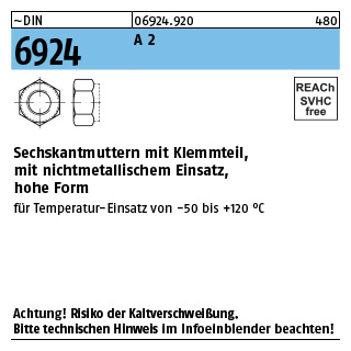 ~DIN 6924 A 2 Sechskantmuttern mit Klemmteil, mit nichtmetallischem Einsatz, hohe Form - Abmessung: M 5, Inhalt: 1000 Stück