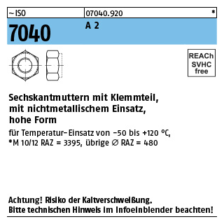 ~ISO 7040 A 2 Sechskantmuttern mit Klemmteil, mit nichtmetallischem Einsatz, hohe Form - Abmessung: M 5, Inhalt: 1000 Stück