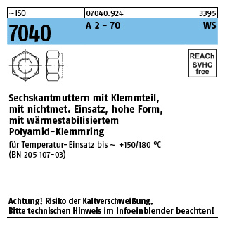 ISO 7040 A 2 - 70 WS Sechskantmuttern mit Klemmteil, hohe Form, nichtmet. Einsatz, wärmestab. - Abmessung: M 5, Inhalt: 500 Stück