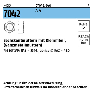 ISO 7042 A 4 Sechskantmuttern mit Klemmteil, Ganzmetallmuttern - Abmessung: M 3, Inhalt: 1000 Stück