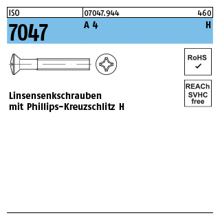 ISO 7047 A 4 H Linsensenkschrauben mit Phillips-Kreuzschlitz H - Abmessung: M 2,5 x 8 -H, Inhalt: 1000 Stück