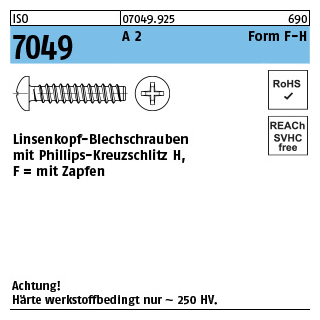 ISO 7049 A 2 Form F-H Linsenkopf-Blechschrauben mit Zapfen, mit Phillips-Kreuzschlitz H - Abmessung: 2,9 x 6,5 -F-H, Inhalt: 1000 Stück