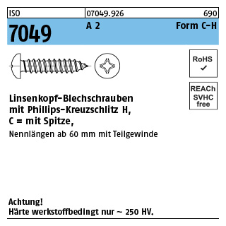 ISO 7049 A 2 Form C-H Linsenkopf-Blechschrauben mit Spitze, mit Phillips-Kreuzschlitz H - Abmessung: C 2,9 x 13 -H, Inhalt: 100 Stück