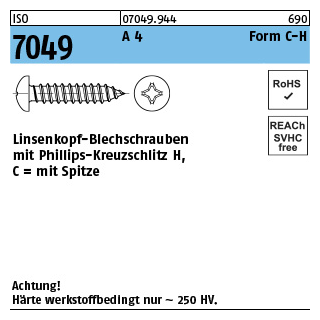 ISO 7049 A 4 Form C-H Linsenkopf-Blechschrauben mit Spitze, mit Phillips-Kreuzschlitz H - Abmessung: C 2,9 x 13 -H, Inhalt: 1000 Stück