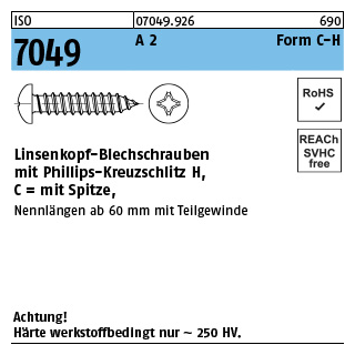 ISO 7049 A 2 Form C-H Linsenkopf-Blechschrauben mit Spitze, mit Phillips-Kreuzschlitz H - Abmessung: C 3,9 x 50 -H, Inhalt: 500 Stück