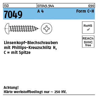 ISO 7049 A 4 Form C-H Linsenkopf-Blechschrauben mit Spitze, mit Phillips-Kreuzschlitz H - Abmessung: C 4,2 x 19 -H, Inhalt: 500 Stück