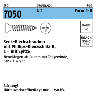 ISO 7050 A 2 Form C-H Senk-Blechschrauben mit Spitze, mit Phillips-Kreuzschlitz H - Abmessung: 2,9 x 13 -C-H, Inhalt: 1000 Stück