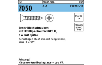 ISO 7050 A 2 Form C-H Senk-Blechschrauben mit Spitze, mit Phillips-Kreuzschlitz H - Abmessung: 2,9 x 13 -C-H, Inhalt: 1000 Stück