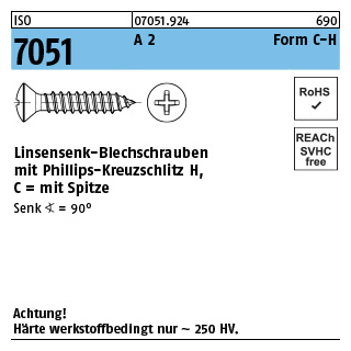 ISO 7051 A 2 Form C-H Linsensenk-Blechschrauben mit Spitze, mit Phillips-Kreuzschlitz H - Abmessung: 3,5 x 9,5-C-H, Inhalt: 1000 Stück