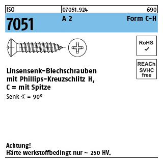 ISO 7051 A 2 Form C-H Linsensenk-Blechschrauben mit Spitze, mit Phillips-Kreuzschlitz H - Abmessung: 6,3 x 45 -C-H, Inhalt: 250 Stück