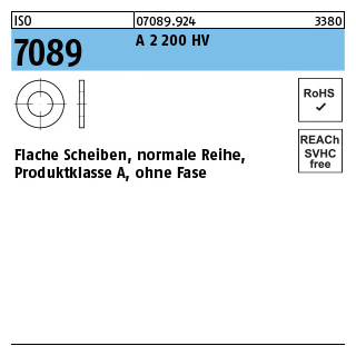 ISO 7089 A 2 200 HV Flache Scheiben, normale Reihe, Produktklasse A, ohne Fase - Abmessung: 6, Inhalt: 200 Stück