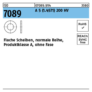 ISO 7089 A 5 (1.4571) 200 HV Flache Scheiben, normale Reihe, Produktklasse A, ohne Fase - Abmessung: 20, Inhalt: 25 Stück