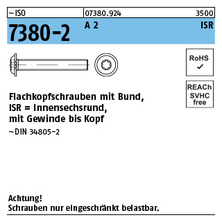 ~ISO 7380-2 A 2 ISR Flachkopfschrauben mit Innensechsrund und Bund - Abmessung: M 3 x 10 -T10, Inhalt: 500 Stück