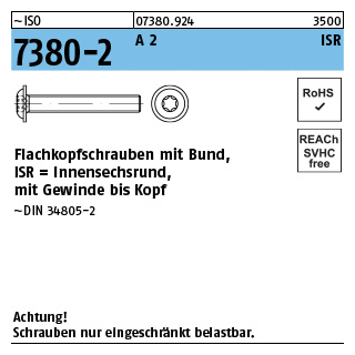 ~ISO 7380-2 A 2 ISR Flachkopfschrauben mit Innensechsrund und Bund - Abmessung: M 8 x 25 -T40, Inhalt: 200 Stück