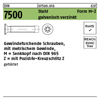 DIN 7500 Stahl Form M-Z galvanisch verzinkt Gewindefurchende Schrauben, KS -Z metr. Gewinde, Senkkopf nach DIN 965 - Abmessung: MM 4 x 6 -Z, Inhalt: 1000 Stück