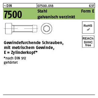 ~DIN 7500 Stahl Form E galvanisch verzinkt Gewindefurchende Schrauben, ISK, metr. Gewinde, Zylinderkopf - Abmessung: E M 4 x 45, Inhalt: 500 Stück