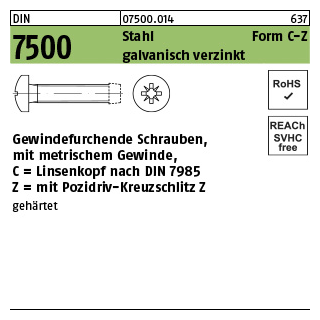 DIN 7500 Stahl Form C-Z galvanisch verzinkt Gewindefurchende Schrauben, KS -Z, metr. Gewinde, Linsenkopf nach DIN 7985 - Abmessung: CM 5 x 6 -Z, Inhalt: 1000 Stück