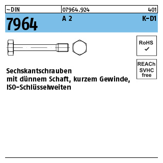 ~DIN 7964 A 2 K-D1 Sechskantschrauben mit dünnem Schaft, kurzem Gew., Schlüsselweiten nach ISO - Abmessung: M 10x 35/12,5, Inhalt: 50 Stück