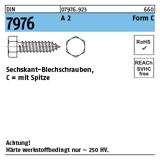 DIN 7976 A 2 Form C Sechskant-Blechschrauben, mit Spitze - Abmessung: C 2,9 x 9,5, Inhalt: 1000 Stück