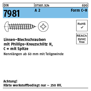 DIN 7981 A 2 Form C-H Linsen-Blechschrauben mit Spitze, mit Phillips-Kreuzschlitz H - Abmessung: C 2,2 x 16 -H, Inhalt: 1000 Stück