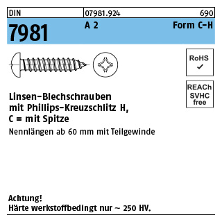 DIN 7981 A 2 Form C-H Linsen-Blechschrauben mit Spitze, mit Phillips-Kreuzschlitz H - Abmessung: C 2,2 x 19 -H, Inhalt: 1000 Stück