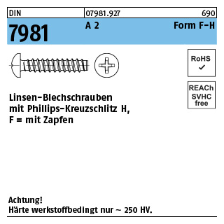 DIN 7981 A 2 Form F-H Linsen-Blechschrauben mit Zapfen, mit Phillips-Kreuzschlitz H - Abmessung: 2,9x 6,5 -F-H, Inhalt: 1000 Stück