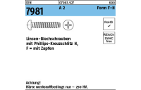 DIN 7981 A 2 Form F-H Linsen-Blechschrauben mit Zapfen, mit Phillips-Kreuzschlitz H - Abmessung: 2,9x 6,5 -F-H, Inhalt: 1000 Stück